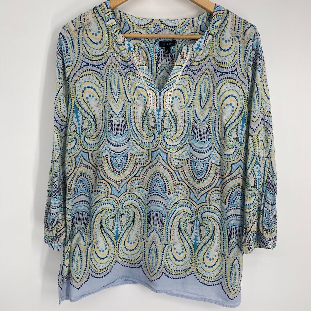 Talbots Blue, Green & Cream Paisley-Style V-Neck Blouse